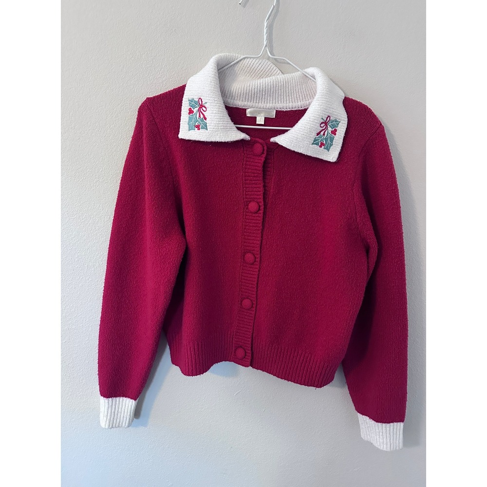 Moon & Madison Cardigan Sweater S Red Holly Embroidered Holiday Ugly Christmas